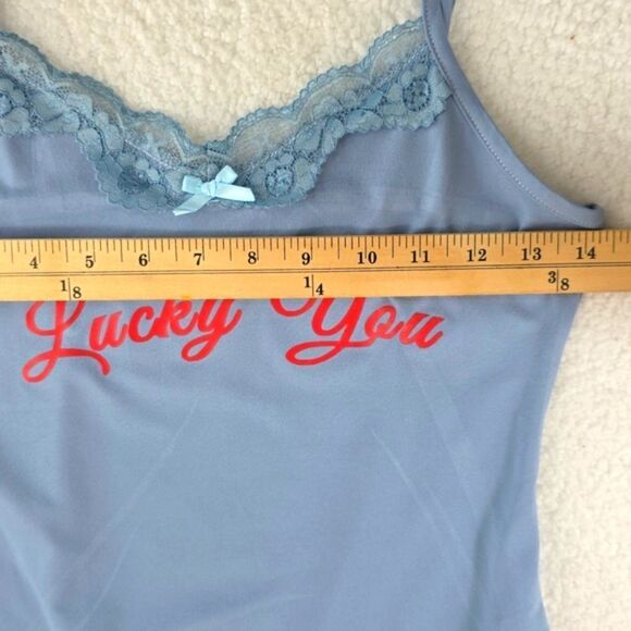 Virghoes Powder Blue Lacy Cami with red text printed Lucky You - Picture 10 of 13